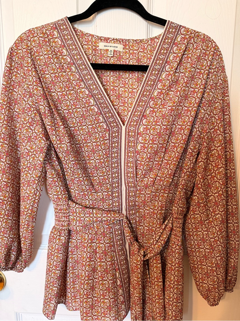 Max Studio Red and Cream Printed V-Neck Wrap Blouse